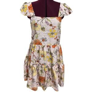 BOG COLLECTIVE Floral Mini Dress SMALL Peach Ruffle Sundress NWT